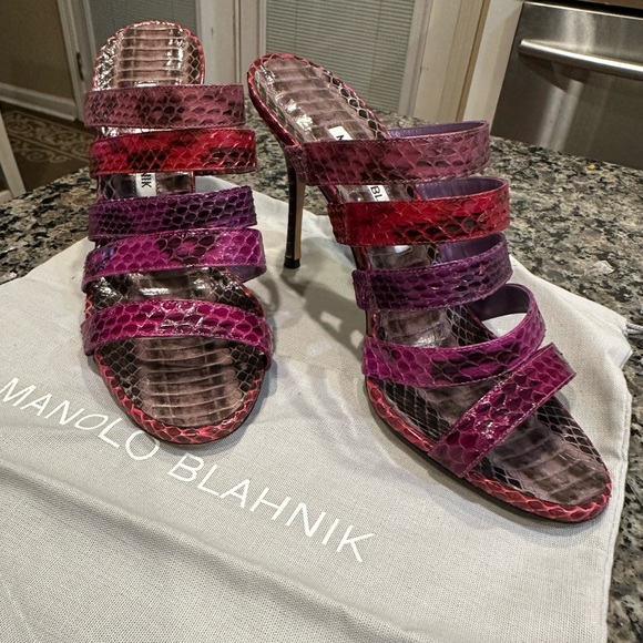 Manolo Blahnik Multi-Strap Snakeskin Mules - Pink & Purple Ombré (36.5) - Picture 2 of 8